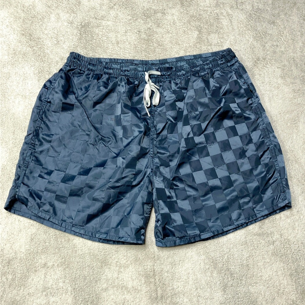 Vintage 100% Nylon Checkered Soccer Shorts 5" Mesh Lined Navy Blue Dazzle Mens L